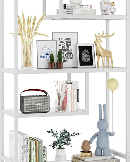 HOME BI Geometric Bookshelf, Tall Modern Etagere Bookcase, Industrial Metal Book Shelf with 5 Open Display Shelves for Office Living Room, White - LeafyLoom