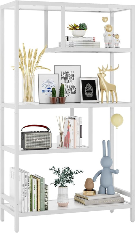 HOME BI Geometric Bookshelf, Tall Modern Etagere Bookcase, Industrial Metal Book Shelf with 5 Open Display Shelves for Office Living Room, White - LeafyLoom