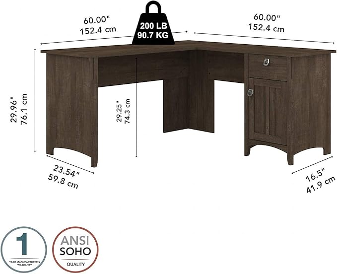 Bush Furniture Salinas L-Shaped Desk with Storage | Study Table with Drawers & Cabinets | Home Office Computer Desk in Ash Brown - LeafyLoom