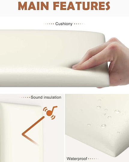 Wall Mounted Upholstered Headboard Full, 3D Peel and Stick Soundproof Wall Panels, Reusable and Removable Padded Headboard Leather Bed Headboard, 6 Panels Headboard 9.84" x 23.62", White - LeafyLoom
