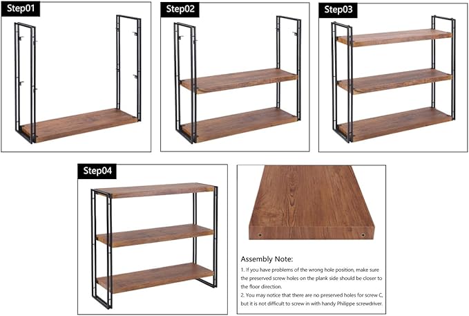 3 Tier Bookshelf Rustic Industrial Bookshelf Wood and Metal, Brown - LeafyLoom
