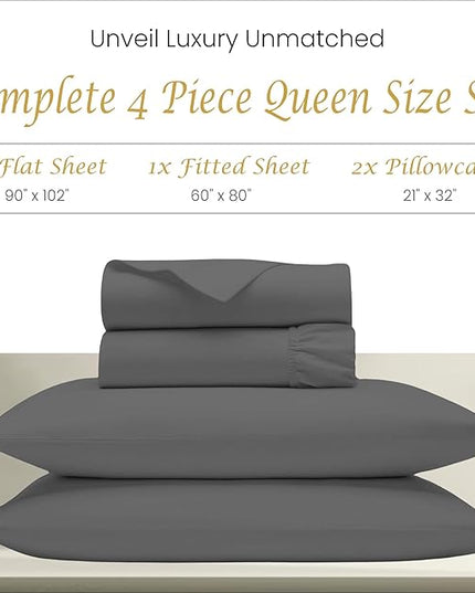 Queen Sheets Egyptian Cotton, 1000 Tc Egyptian Cotton Sheets Queen Size, Extra Deep 18" pocket Queen Sheets, 4 Pc Queen Bed Sheets Solid, Ultra Luxury Sheets Queen Size Deep Pocket, Dark Grey Sheets - LeafyLoom