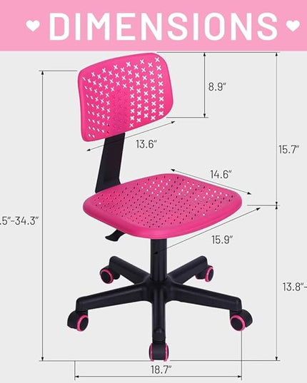 Desk Chair Armless Cute Office Chair, Low Back Rolling Home Office Task Chair Adjustable Swivel Study Chair for Girls Teens Adults Children Kids, Pink - LeafyLoom