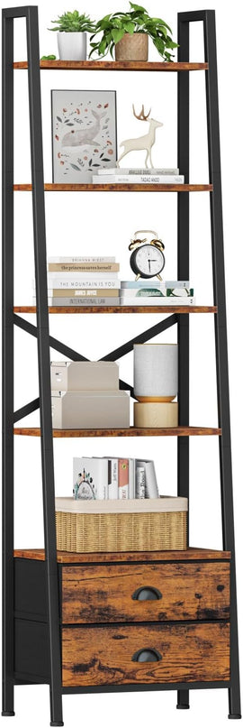 Furologee 5-Tier Ladder Shelf with 2 Drawers,Narrow Bookshelf Storage Shelves,Industrial Bookcase Freestanding Shelf Units for Bedroom,Living Room,Bathroom,Home Office,Balcony,Wood Metal,Rustic Brown - LeafyLoom