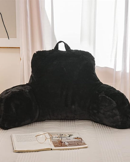 A Nice Night Faux Fur Reading Pillow Bed Wedge Large Adult Children Backrest with Arms Back Support for Sitting Up in Bed/Couch for Bedrest,Black - LeafyLoom