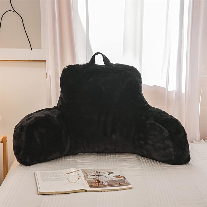 A Nice Night Faux Fur Reading Pillow Bed Wedge Large Adult Children Backrest with Arms Back Support for Sitting Up in Bed/Couch for Bedrest,Black,Large - LeafyLoom