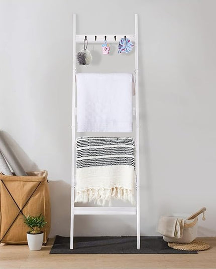 TEAKMAMA Blanket Ladder for Living Room and Bedroom, 5.4 Ft Wall Leaning Blanket Rack, Rustic Decorative Farmhouse Blanket Storage, Quilt Rack, Ladder Holder, Easy to Assemble (White) - LeafyLoom