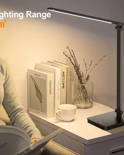 Desk Lamp Eye-Caring LED Table Lamp Dimmable Bedside Lamp with 2 USB Charging Ports and 10 Brightness Levels x 5 Colour Modes Touch Control Daylight Lamp for Office, Bedside, Reading- Auto Timer - LeafyLoom