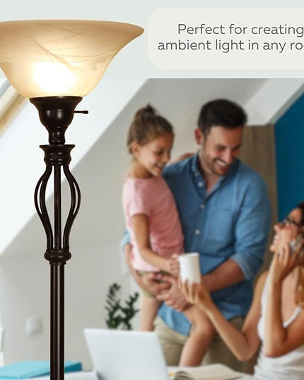 LIGHTACCENTS Bronze Floor Lamp with Alabaster Glass Bowl Shade for Living Room Decor - Torchiere Floor Lamps- Tall Floor Lamp - Traditional Iron Scrollwork Unique Floor Lamp for Living Room - LeafyLoom