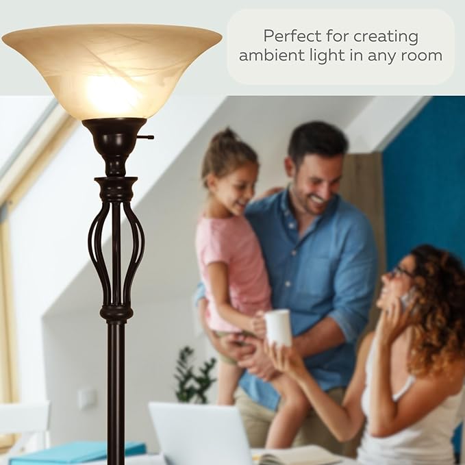 LIGHTACCENTS Bronze Floor Lamp with Alabaster Glass Bowl Shade for Living Room Decor - Torchiere Floor Lamps- Tall Floor Lamp - Traditional Iron Scrollwork Unique Floor Lamp for Living Room - LeafyLoom