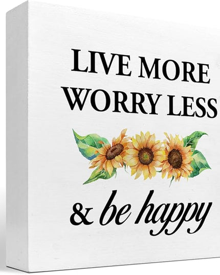 Live More Worry Less and Be Happy Sunflower Wood Block Sign Desk Decor,Rustic Inspirational Wooden Box Plaque Sign Desk Decor for Home Bedroom Living Room Office Shelf Table Decorations - LeafyLoom