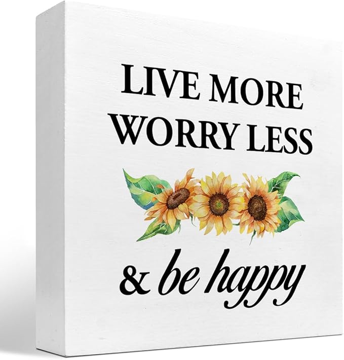 Live More Worry Less and Be Happy Sunflower Wood Block Sign Desk Decor,Rustic Inspirational Wooden Box Plaque Sign Desk Decor for Home Bedroom Living Room Office Shelf Table Decorations - LeafyLoom