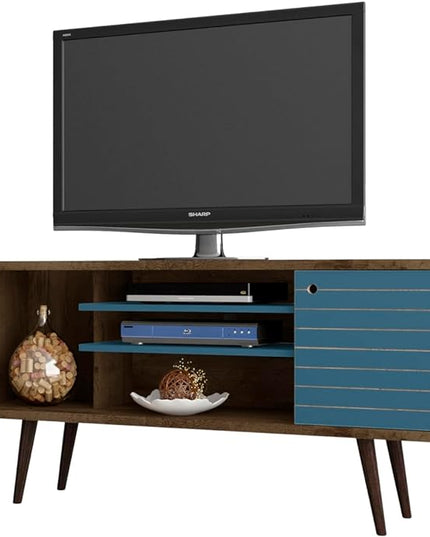Manhattan Comfort Liberty Mid Century Modern TV Stand for Televisions up to 50 Inches, Bedroom and Living Room Entertainment Center with Storage, Shelves, and Cabinet, 53" Wide, Rustic Brown/Aqua - LeafyLoom
