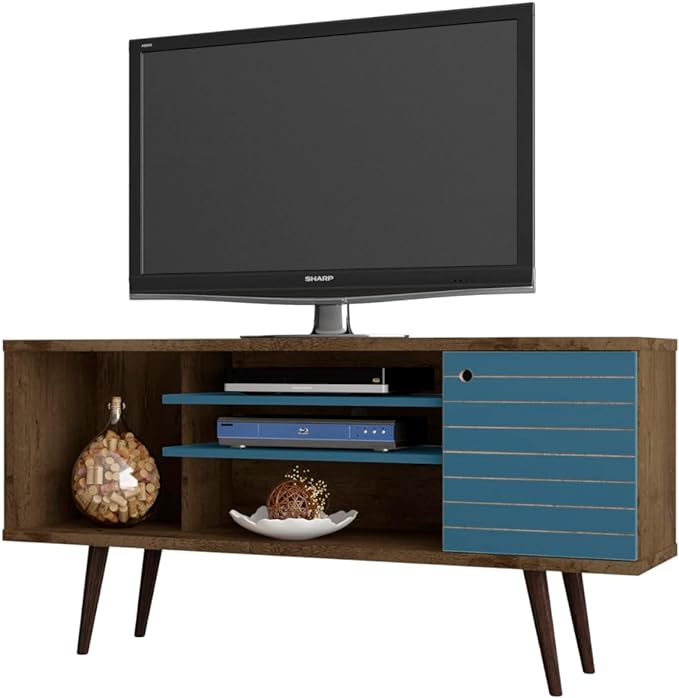 Manhattan Comfort Liberty Mid Century Modern TV Stand for Televisions up to 50 Inches, Bedroom and Living Room Entertainment Center with Storage, Shelves, and Cabinet, 53" Wide, Rustic Brown/Aqua - LeafyLoom