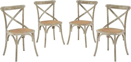 Modway Gear Rustic Modern Farmhouse Elm Wood Rattan Four Dining Chairs in Gray - LeafyLoom