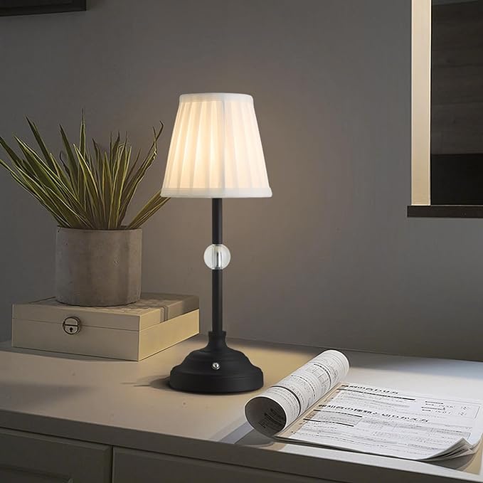 Modern Cordless Table Lamps,5000mAh Rechargeable Battery Operated lamp,Portable Fabric Shade Table Lamps,Black Desk Lamp LED 3000K with Dimming Touch Control for Restaurant/Bars/Bedroom/Living Room - LeafyLoom