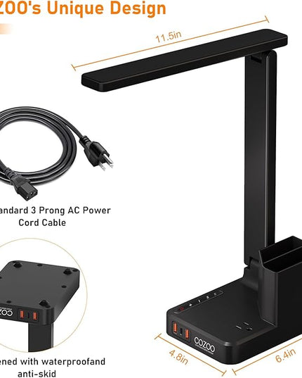 COZOO LED Desk Lamp with 3 USB Charging Ports,1 AC Outlet,2 Pen Holders,3 Color Temperatures 3 Brightness LevelsTouch/Memory/Timer Function,10W Eye Protection Foldable Reading Light,College Study Lamp - LeafyLoom