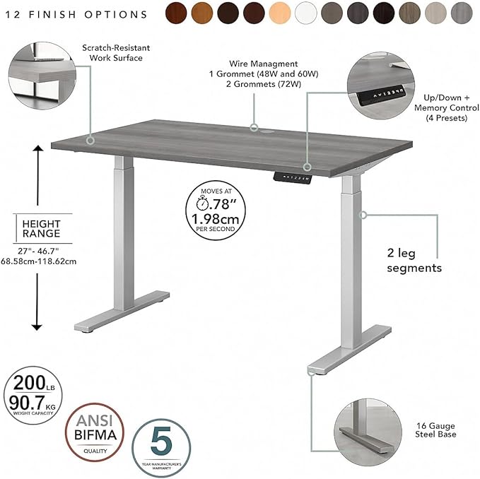 Bush Business Furniture Move 60 Series Electric Ergonomic Sit-Stand Computer Table for Home and Professional Office, 60W x 30D, Platinum Gray - LeafyLoom