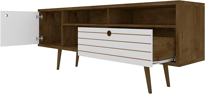 Manhattan Comfort Liberty Mid Century Modern TV Stand for Televisions up to 65 Inches, Bedroom and Living Room Entertainment Center with Storage, Shelves, and Cabinet, 71" Wide, Rustic Brown/White - LeafyLoom