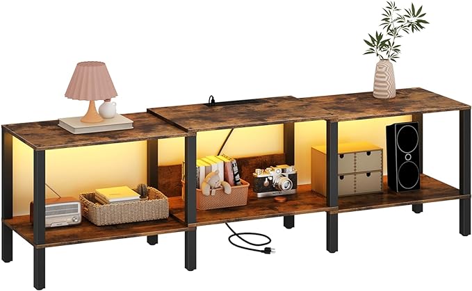 Modern LED TV Stand with Power Outlet for Living Room+75 Inch Wood TV Media Console for 55/65/75 inch TVs，Industrial TV Stand，TV Stand Media Entertainment Center，Rustic Brown LTV06BE - LeafyLoom