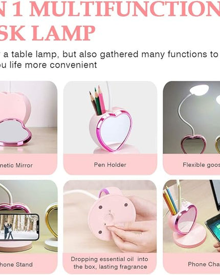 LED Desk Lamp, Cute Pink Desk Lamp with USB Charging Port/Pen Holder and Phone Stand, Touch Control Reading Lamp with 2 Color Modes,Eye-Caring Study Table Lamp for Kids Girls College Dorm Bedroom - LeafyLoom