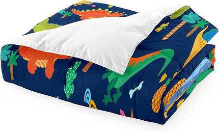 Cute Cartoon Dinosaur Bedding Set, Ultra Soft Full Size Comforter Set for Boys, Lovely Dinosaur Printed Comforter for Kids Teens, Dark Blue Microfiber Quilt for All Season 3Pcs with Pillowcases - LeafyLoom