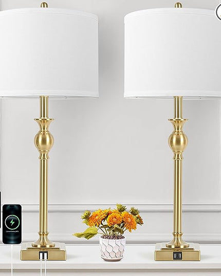 TOBUSA 28” Gold Table Lamps Set of 2, Tall Bedside lamps with Dual USB Charging Ports, Modern Nightstand Lamps with Square Brass Base and White Fabric Shade for Living Room, Bedroom(No E26 Bulbs) - LeafyLoom