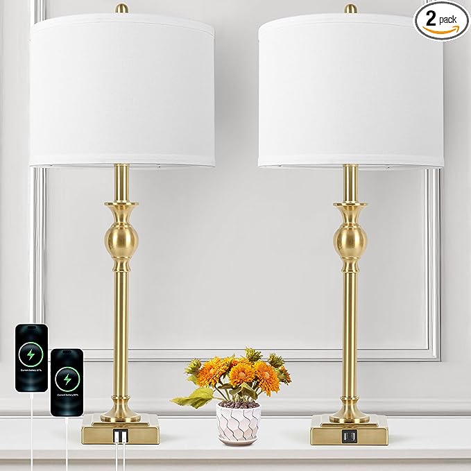 TOBUSA 28” Gold Table Lamps Set of 2, Tall Bedside lamps with Dual USB Charging Ports, Modern Nightstand Lamps with Square Brass Base and White Fabric Shade for Living Room, Bedroom(No E26 Bulbs) - LeafyLoom