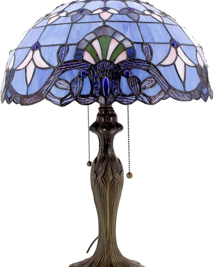 WERFACTORY Tiffany Lamp Blue Purple Stained Glass Baroque Table Lamp Lavender Style Bedside Desk Light Metal Base 16X16X24 Inches Decor Bedroom Living Room Home Office S003C Series (Blue Baraque) - LeafyLoom