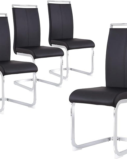 Dining Chairs Set, Kitchen Modern Metal Chairs with Faux Leather Padded Seat High Back and Sturdy Chrome Legs, Chairs for Dining Room (Black, Set of 4) - LeafyLoom