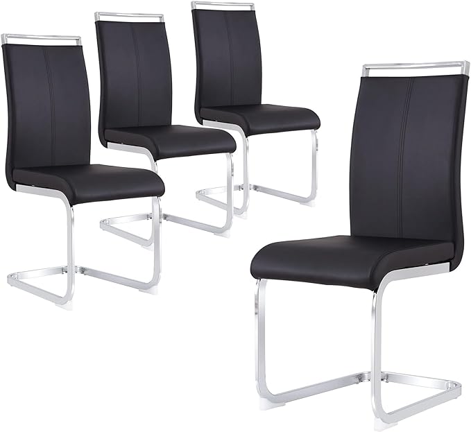 Dining Chairs Set, Kitchen Modern Metal Chairs with Faux Leather Padded Seat High Back and Sturdy Chrome Legs, Chairs for Dining Room (Black, Set of 4) - LeafyLoom