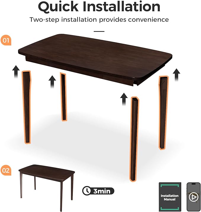 KKL Malaysian Oak Dining Table, 47" Kitchen Table for 2, Mid Century Modern Wood Dining Table, Easy Assembly, Coffee - LeafyLoom