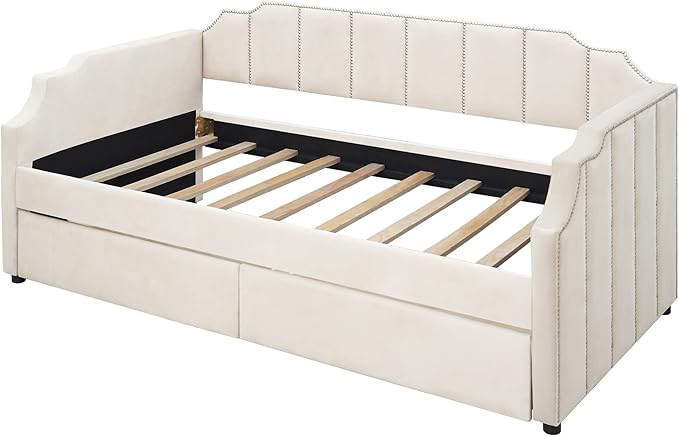 Twin Size Velvet Upholstered Daybed with Drawers, Solid Wood Sofa Bed w/Vertical Stripes Designed Backrest and Pine Legs, for Living Room, Bedroom, Dorm, No Box Spring Needed, Beige - LeafyLoom