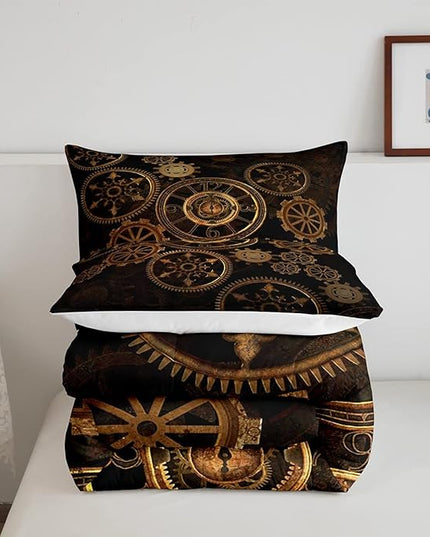 Golden Ndustrial Gear Comforter Set Twin Size Steampunk Style Bedding Set Clocks Theme Bedding Sets & Collections For Kids Boys Teens Men Mechanical Device Quilt Set,Retro Style Bedroom Decor - LeafyLoom