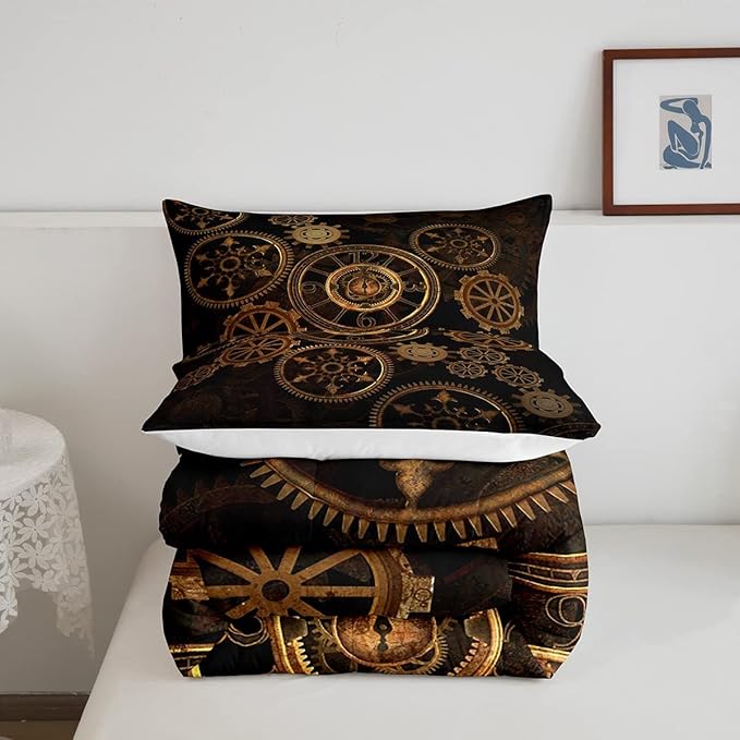 Golden Ndustrial Gear Comforter Set Twin Size Steampunk Style Bedding Set Clocks Theme Bedding Sets & Collections For Kids Boys Teens Men Mechanical Device Quilt Set,Retro Style Bedroom Decor - LeafyLoom