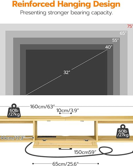 HOOBRO Floating TV Stand for TV up to 75 inches, Wall-Mounted TV Cabinet with 4 Power Outlet, Floating Entertainment Center TV Media Console Shelves with Rattan Flip-Down-Door, Natural NL160UDS01 - LeafyLoom