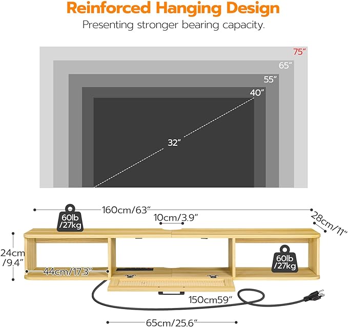 HOOBRO Floating TV Stand for TV up to 75 inches, Wall-Mounted TV Cabinet with 4 Power Outlet, Floating Entertainment Center TV Media Console Shelves with Rattan Flip-Down-Door, Natural NL160UDS01 - LeafyLoom