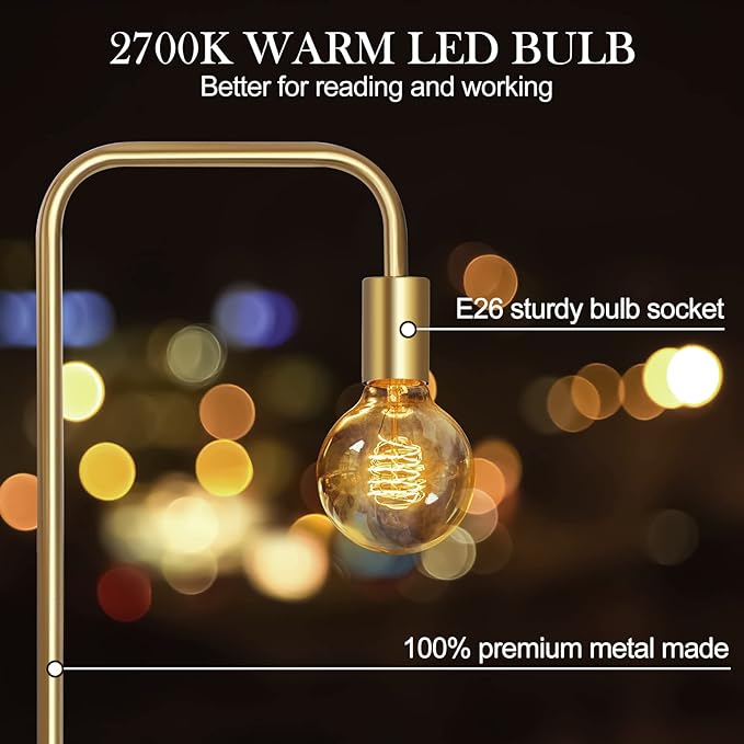QiMH Industrial Floor Lamp with Light Bulb, Metal Standing Tall Modern Brushed Gold Led Living Room Lamp for Home Decor,Bedroom,Reading,Office(E26 Socket,Foot Switch) - LeafyLoom
