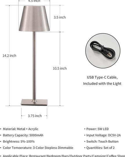 KDG 2 Pack Cordless Table Lamp,Portable LED Desk Lamp, 5000mAh Battery Operated, 3 Color Stepless Dimming Up, for Restaurant/Bedroom/Bars/Outdoor Party/Camping/Coffee Shop Night Light(Brushed Nickel) - LeafyLoom