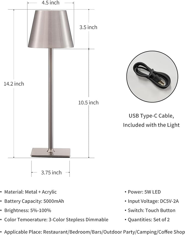 KDG 2 Pack Cordless Table Lamp,Portable LED Desk Lamp, 5000mAh Battery Operated, 3 Color Stepless Dimming Up, for Restaurant/Bedroom/Bars/Outdoor Party/Camping/Coffee Shop Night Light(Brushed Nickel) - LeafyLoom