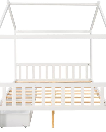 Full Size Bed Frame with Headboard and Footboard, Low House Bed/Full Bed Frame with Storage Drawer, Wood Bed Frame for Kids, Girls, Boys (White Drawer, Full) - LeafyLoom