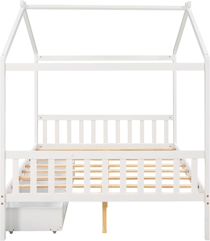 Full Size Bed Frame with Headboard and Footboard, Low House Bed/Full Bed Frame with Storage Drawer, Wood Bed Frame for Kids, Girls, Boys (White Drawer, Full) - LeafyLoom