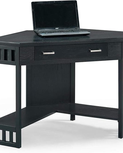 Leick Home 83430 Corner Computer/Writing Desk with Center Keyboard Drawer and Shelf, Black Oak - LeafyLoom