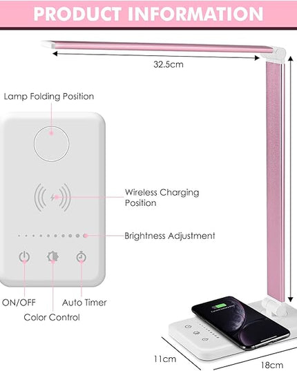 LED Desk Lamp with Wireless Charger, USB Charging Port, Desk Lighting with 10 Brightness, 5 Color Modes, Dimmable Eye Caring Reading Desk Lamps for Home Office, Touch Control, Auto Timer, Pink - LeafyLoom