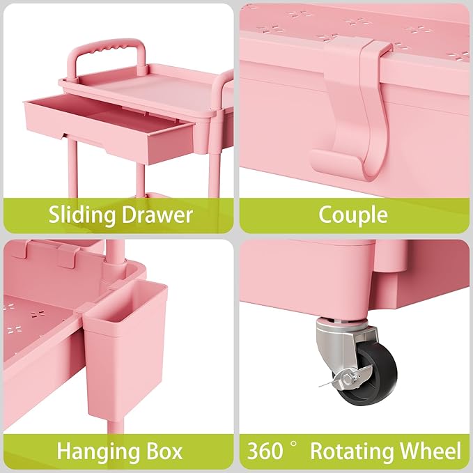 4 Tier Small Rolling Cart Organizer,Art Craft Diaper Bedside Snack Cart Laundry Room Bathroom Organizer Narrow Thin Slim Rolling Trolley Utility Cart with Wheels for Kitchen,Office(Pink) - LeafyLoom