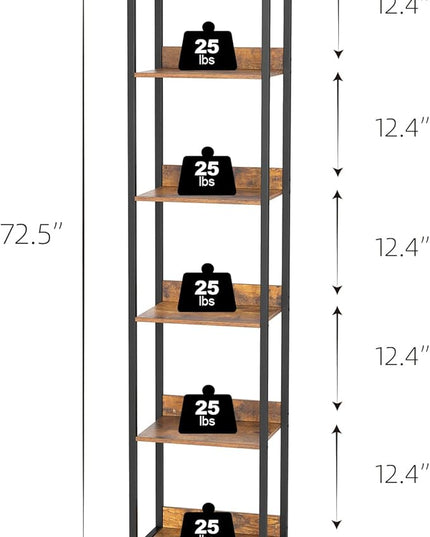 6-Tier Bookshelf, Narrow Bookcase with Open Shelves, Talll Book Shelf Coner Shelf for Living Room, Bedroom, Home Office, Study, Bathroom,11.5 x 15.7 x 72.6 Inches, Rustic Brown and Black - LeafyLoom