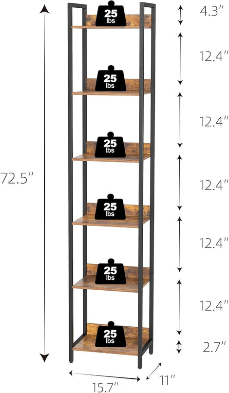 6-Tier Bookshelf, Narrow Bookcase with Open Shelves, Talll Book Shelf Coner Shelf for Living Room, Bedroom, Home Office, Study, Bathroom,11.5 x 15.7 x 72.6 Inches, Rustic Brown and Black - LeafyLoom