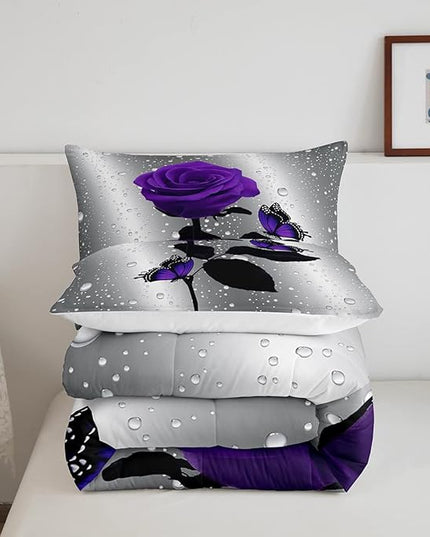 3D Rose Comforter Set Rose Floral Print Bedding Set Romantic Flowers Comforter for Kids Boys Girls Children Teens Bedroom Decor Purple Rose Butterfly Duvet Set King Size Quilt Set With 2 Pillow Case - LeafyLoom