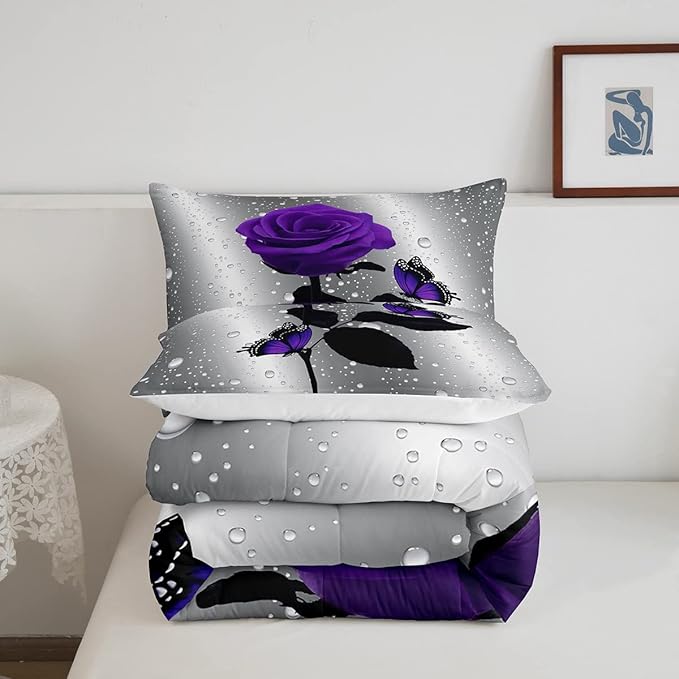 3D Rose Comforter Set Rose Floral Print Bedding Set Romantic Flowers Comforter for Kids Boys Girls Children Teens Bedroom Decor Purple Rose Butterfly Duvet Set King Size Quilt Set With 2 Pillow Case - LeafyLoom