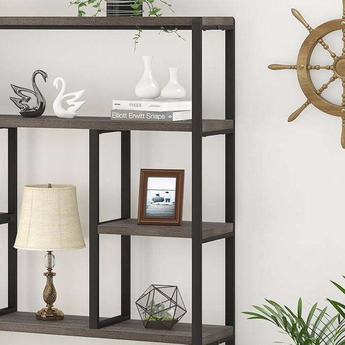LVB Industrial Tall Bookshelf, Modern Wood Metal 6 Tier Book Shelf, Farmhouse Large 6 Shelf Etagere Bookcase, Open Wide Storage Bookshelves and Bookcases for Bedroom Living Room Office, Dark Gray Oak - LeafyLoom